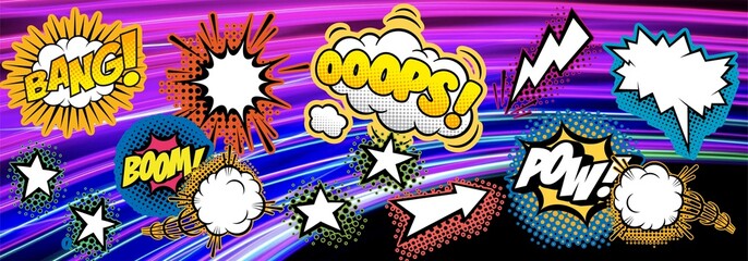 Comic horizontally illustration with cartoon elements. Retro, vintage style. 