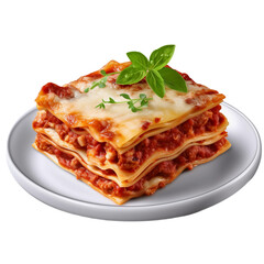 lasagna with beef tomato sauce and basil isolated on transparent background