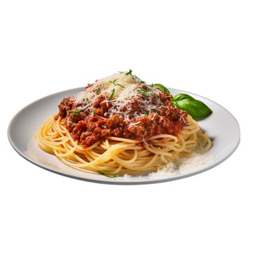 spaghetti with bolognese sauce and basil isolated on transparent background