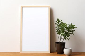 Minimal mockup design of a vertical poster with a wooden frame, on wood table with plants background