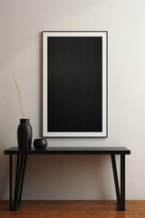 Minimal mockup design of a vertical poster with a black frame, light background with wooden desk and modern interior