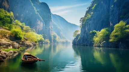 attractive springtime view of the Matka Canyon, a well-known tourist site. Beautiful country of North Macedonia in the morning. Background of the concept of travel. - obrazy, fototapety, plakaty
