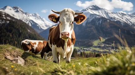 Mountain ranges in the distance, a cow grazing in an alpine meadow - obrazy, fototapety, plakaty
