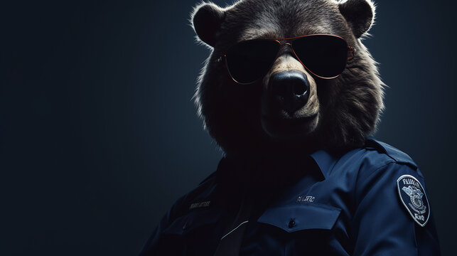 Urso malvado trabalhando como oficial de seguran&ccedil;a ou policial, usando &oacute;culos escuros e camisa de uniforme. Conceito de urso de guarda. Amplo espa&ccedil;o de c&oacute;pia do banner para texto na lateral