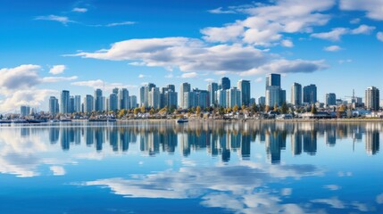 Serene waterfront cityscape with reflections in water - obrazy, fototapety, plakaty