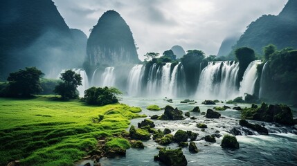 Waterfall features a lakeside tree in the foreground a smooth water flow that forms a waterfall down the high side mountains white silk sheets
