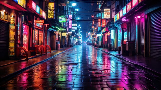 Fototapeta Vibrant streetscapes alive with neon lights