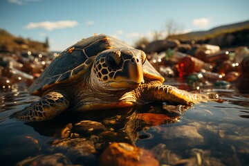 A sea turtle swims among garbage. The concept of environmental protection and water resources.