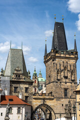 A view from Charles Bridge with many towers in Prague, Czech Republic