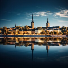 Fototapeta na wymiar Serene waterfront cityscape with reflections in water