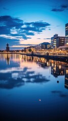 Fototapeta premium Serene waterfront cityscape with reflections in water