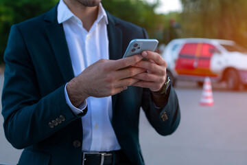 Male businessman holding phone in hands new quality universal colorful technology stock illustration