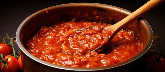 Making tomato sauce in pan stirring with wooden spoon close up - obrazy, fototapety, plakaty