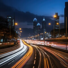 Busy night traffic on illuminated city roads
