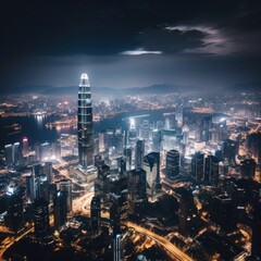 Aerial view of city skyline at night