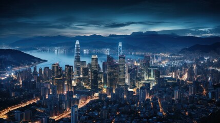 Aerial view of city skyline at night