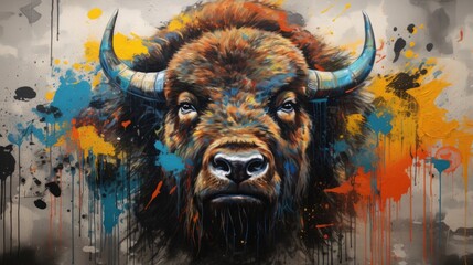 American Bison portrait with street art elements