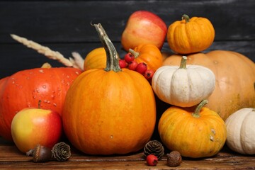 Happy Thanksgiving day. Beautiful composition with pumpkins on wooden table