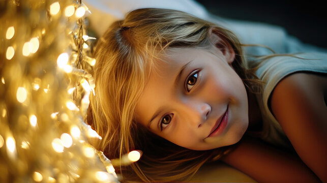 Girls Leaning Head On Illuminated Start Shape Light At Christmas