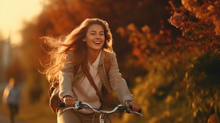 Happy active woman in stylish clothes rides a bicycle in an autumn park at sunset. Outdoor portrait. Beautiful woman enjoying nature. Active lifestyle. - obrazy, fototapety, plakaty