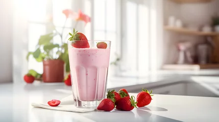 Poster Delicious pink smoothie from berries and fruits in glass on kitchen background. Healthy vegan smoothie or vegan milkshake with soy milk and berries. Healthy, detox and diet food concept. © petrrgoskov