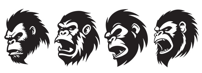 Gorilla heads black and white vector, silhouette shapes of gorilla illustration