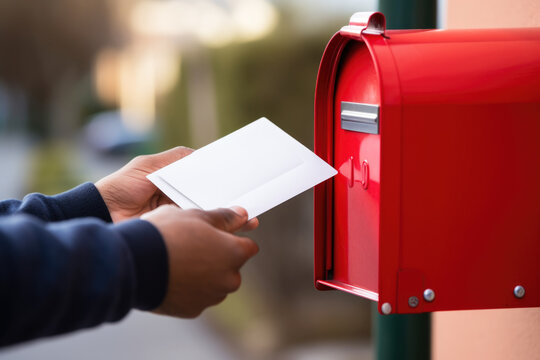 Mailman putting letter in the mail box on the street