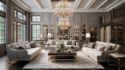 Fototapeta na wymiar A living room with a coffered ceiling and elegant chandeliers