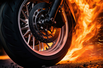 Wheel in flames, burning motorcycle tire close up - obrazy, fototapety, plakaty