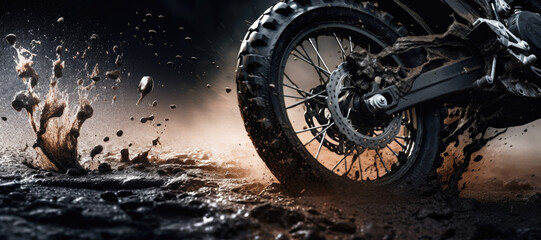 Off-road travel. Close up of a motorcycle wheels driving through mud - obrazy, fototapety, plakaty