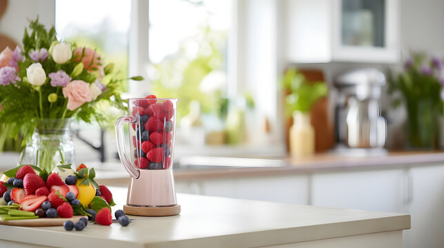 Ingredients for smoothie fresh fruits, berries and vegetables with modern automatically mixer or blender on white kitchen table for making smoothie and juice. healthy eating concept.