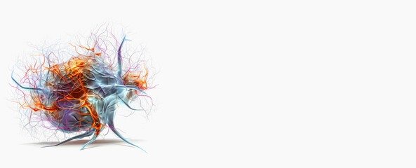 Neural network in the form of a brain with branches on a white background. Biologically active neurons in brain. Banner