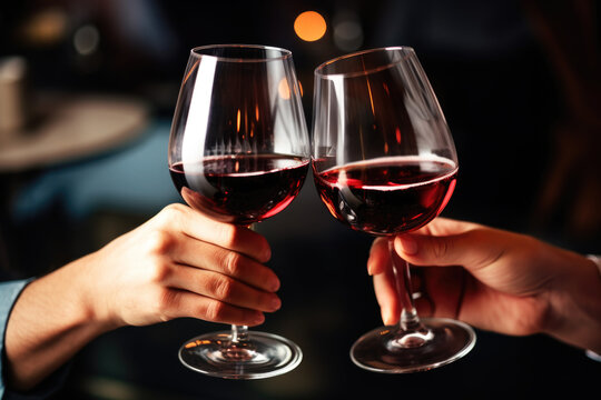 Friends toasting with glasses of red wine at bar, close up, dark background