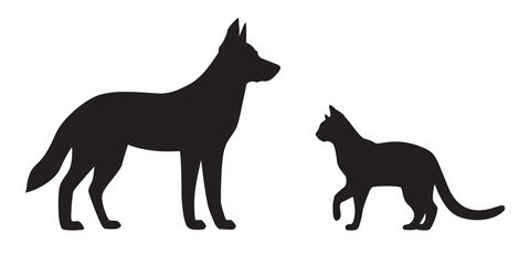 Dog and cat full length black silhouettes, side view. Illustration on transparent background