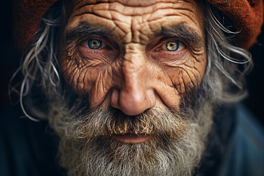 Close up picture of face old wise man with white beard homeless grandfather generative ai