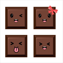 Cute chocolate bar piece emoji character. Yummy dark bitter milky choco part . Cacao sweet food design. Flat vector illustration