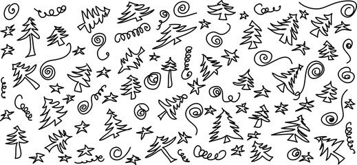 Set Christmas tree, hand draw pattern, isolated on white