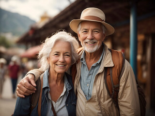 Happy senior couple portrait on travelling, vacation, holiday. Retirement hobby and leisure activity for elderly people.
