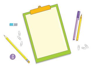 Blank clipboard note and some colorful stationery around it. Vector illustration isolated on a white background