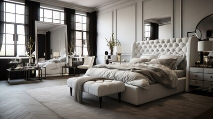 A bedroom with a mirrored dressing table and a tufted headboard