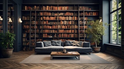 A living room with a dramatic floor-to-ceiling bookshelf