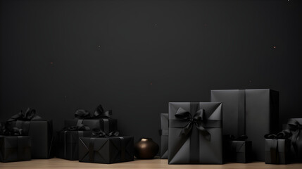Group of black gift boxes with black ribbons on black background for Black Friday concept