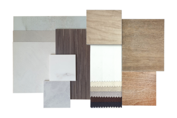 group of interior material samples including blackout drapery fabric catalog, wooden ceramic tiles, walnut veneer, concrete laminates, stone tiles isolated on background with clipping path. 