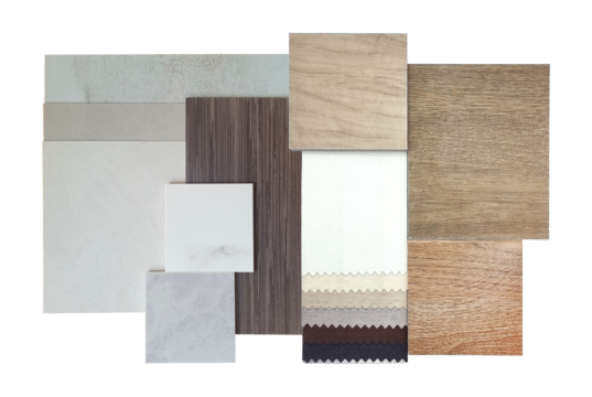 group of interior material samples including blackout drapery fabric catalog, wooden ceramic tiles, walnut veneer, concrete laminates, stone tiles isolated on background with clipping path. 