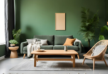 Wooden coffee table and lounge chair by gray sofa against green wall in modern Scandinavian living room