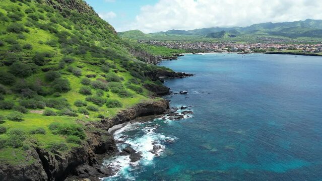 Tarrafal - Cape Verde Aerial View. Mountainous Green Santiago Island Landscape near Tarrafal. The Republic of Cape Verde is an island country in the Atlantic Ocean. Africa.