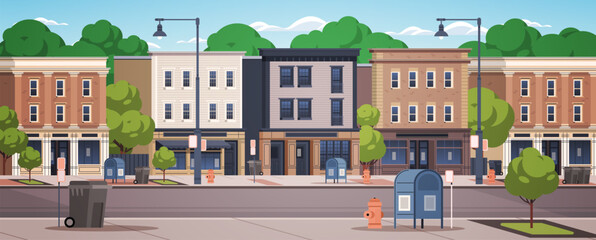 Small town summer street vector. Facades of buildings with shops and cafes. Vector flat illustration