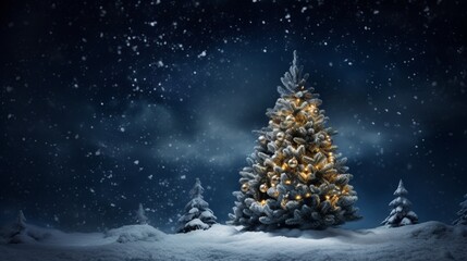 The snow covered Christmas tree contrasts with the dark blue backdrop