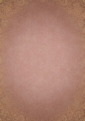 Pale pink textured paper with vignette of golden hand-drawn pattern and golden glittery splatter on a darker background color. Copy space. Digital artwork, A4. (pattern: p01e)