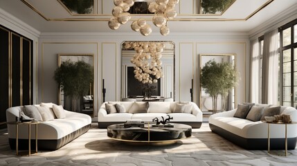 A living room with a statement ceiling light and mirrored coffee table